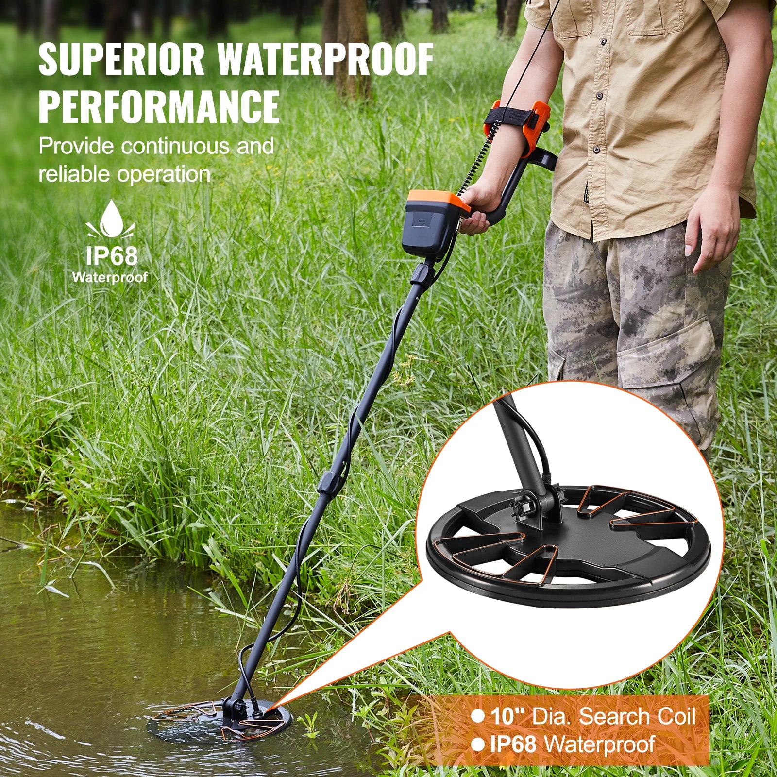 Metal Detector for Adults & Kids 10Inch Waterproof Search Coil with LCD Display 7 Modes Adjustable 41''-52'' Aluminum Stem