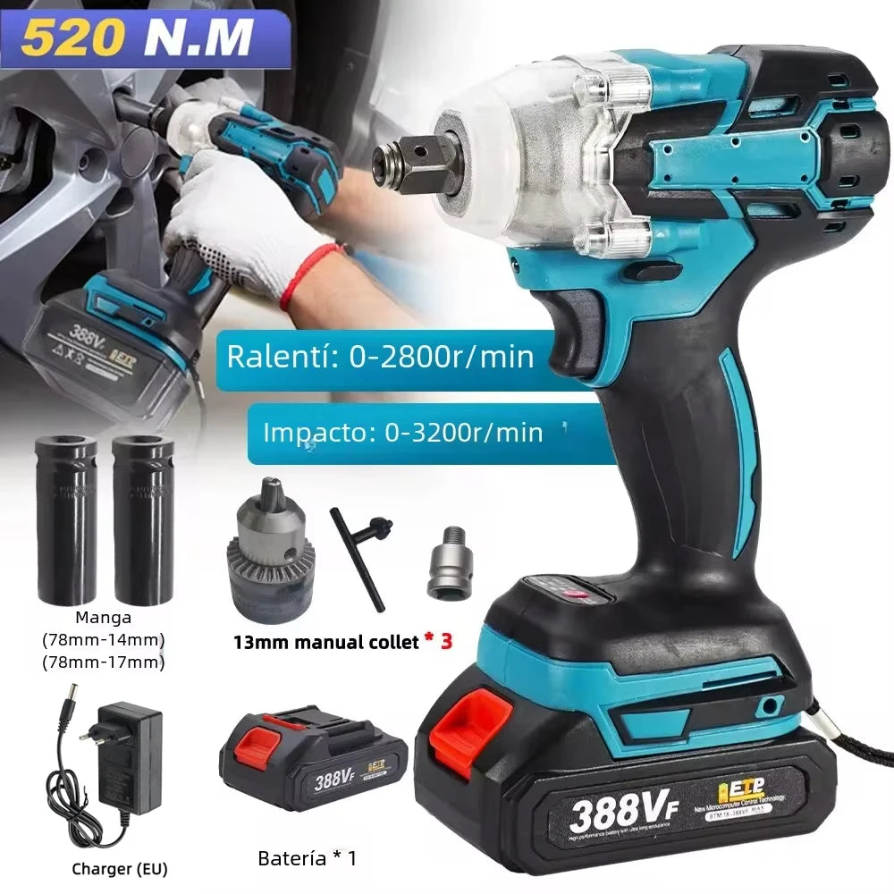 520N.M Cordless Electric Impact Wrench Brushless Electric Wrench Hand Drill Socket Power Tool for Makita 388V Battery