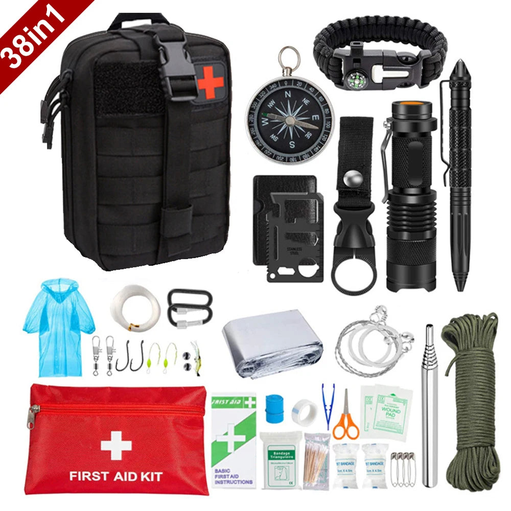 38 in 1 Survival First Aid Kit Military Full Set Molle Outdoor Gear Emergency Kits Camping Hiking Adventures Trauma Bag