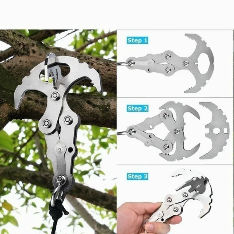 Folding Grappling Hook Multifunctional Stainless Steel Survival Outdoor Climbing Claw Carabiner Camping Gear Multitool Edc Gear