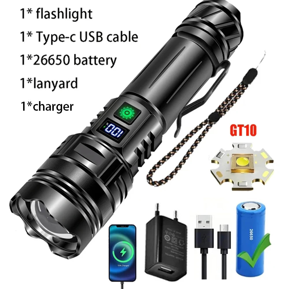 High Power LED Flashlight Type-C USB Rechargeable Long Range Tactical Torch Strong Light Lamp Outdoor Ultra Powerful Flash Light