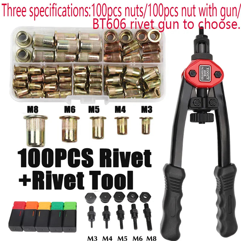 100Pcs Rivet Nut +Hand Threaded Rivet Nuts Gun BT606 M3 M4 M5 M6 M8 Double Insert Manual Riveter Gun Riveting Rivnut Rivet Tool