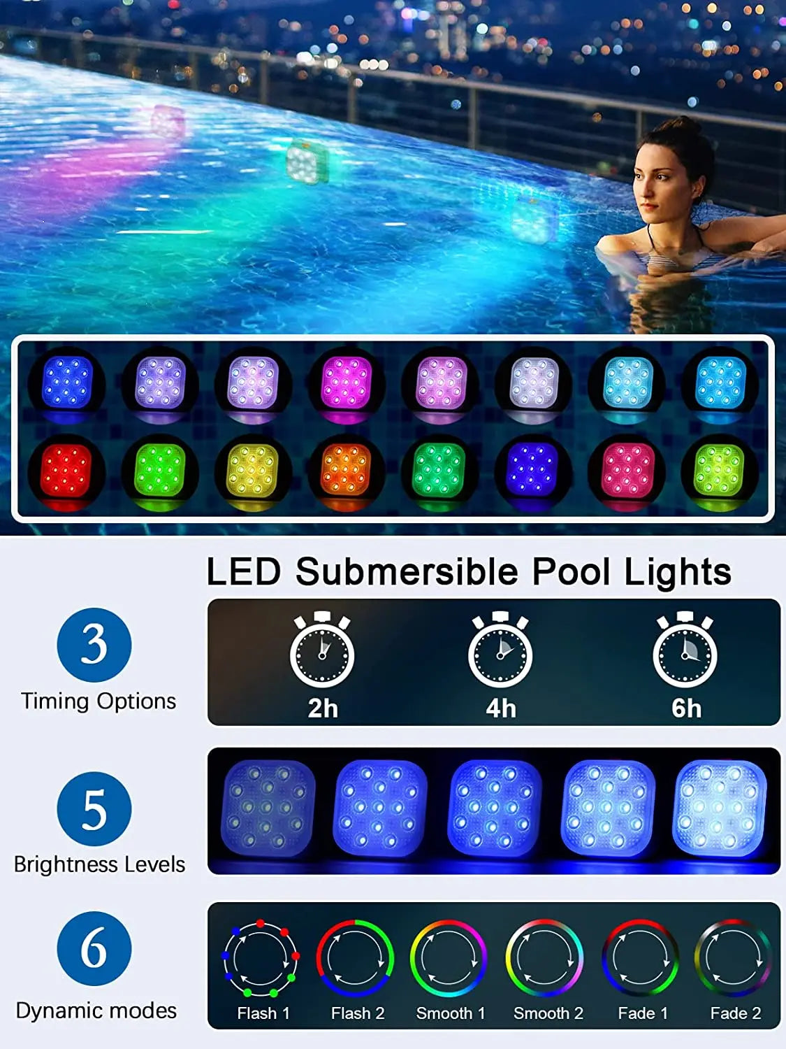 Underwater Lights LED Submersible Pool Lights Rechargeable 200FT Remote Control Swimming Pool Light with Timer Color Changing