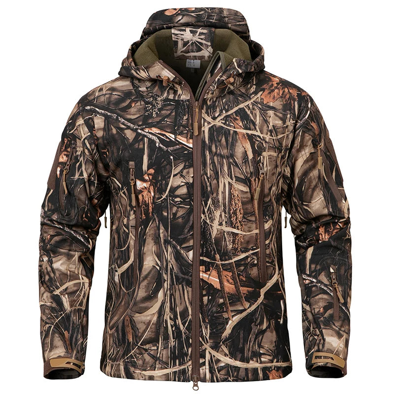 Men'S Silent Soft Shell Camouflage Tactical Jacket Waterproof Warm Fleece Hunting Jackets Outdoor Hiking Fishing Hooded Coat