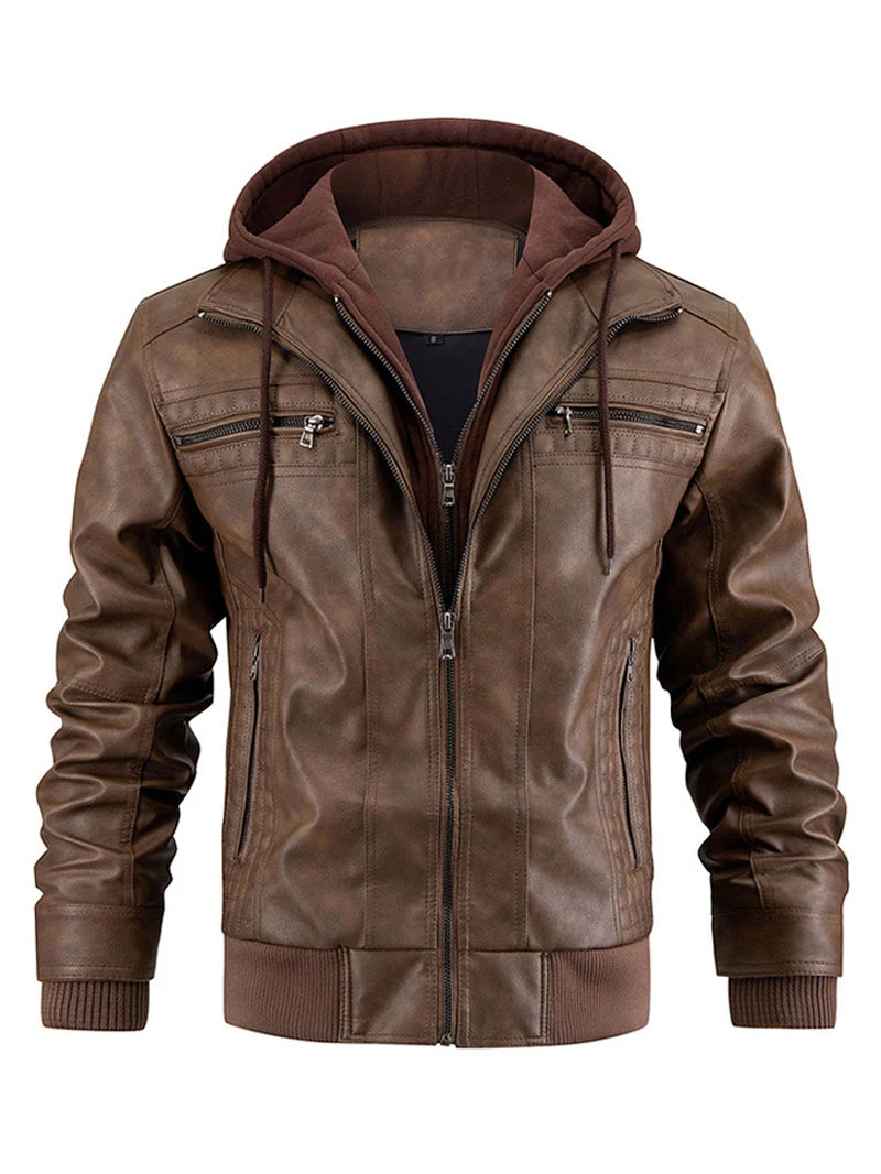 Men'S Leather Jacket Motorcycle Slim Fit Hooded PU Coat Top 